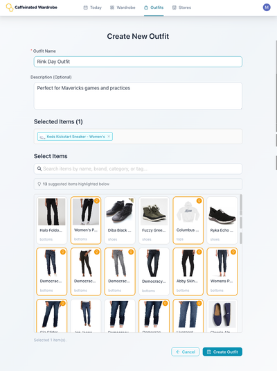 Using Caffeinated Wardrobe's goes with functionality to suggest additional wardrobe items for an outfit